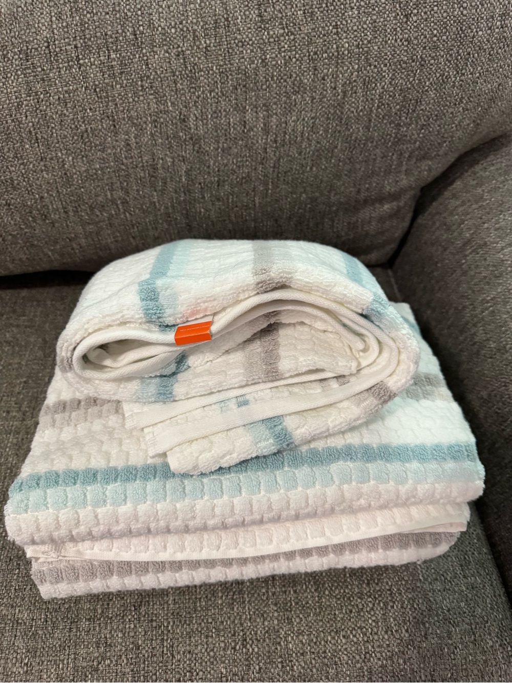 3 Soft White Waffle Weave Bath Towel with Teal and Gray Stripes Brand New
